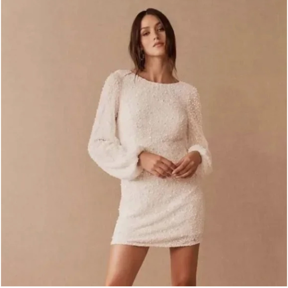 BHLDN Ivory Beaded Long-Sleeve Mini Dress
